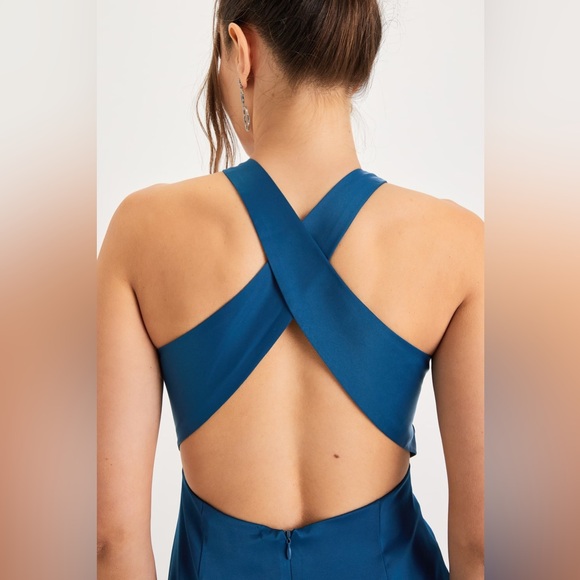 NWT Truly Picturesque Dark Teal Blue Satin Cross-Front Open Back Midi Dress - Picture 2 of 7